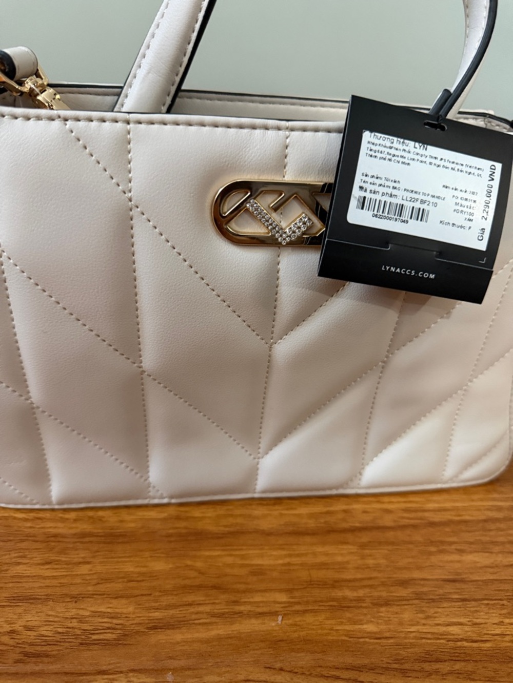 LYN Cream Quilted Satchel with Gold Logo Accent